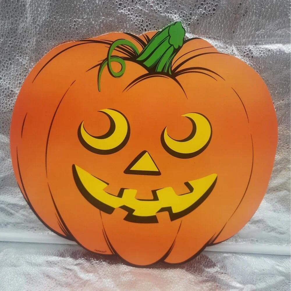 Die Cut Pumpkin Amscan & Witch Cartoon With Spider Halloween 80s VTG Decoration